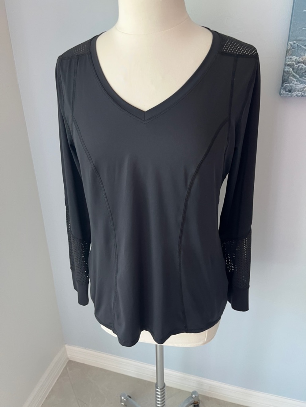 Calvin Klein Performance Black V-Neck Long Sleeve Top with Mesh Details